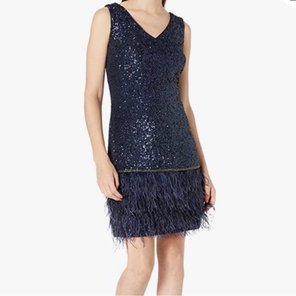Tahari ASL Sequin/Feather Dress Blue Size 8, NWT